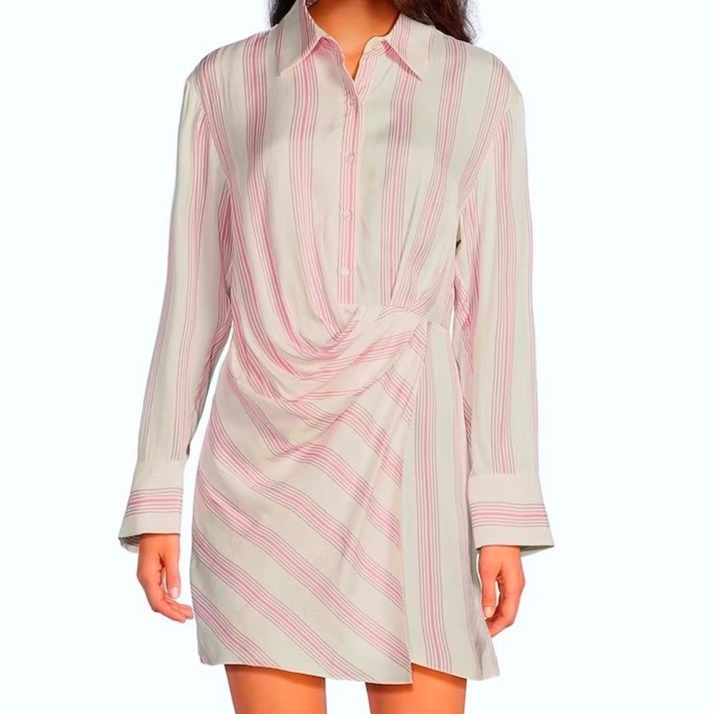 Gianni Bini Pink White Striped Button Down Ruched Mini Shirt Dress Size 4
